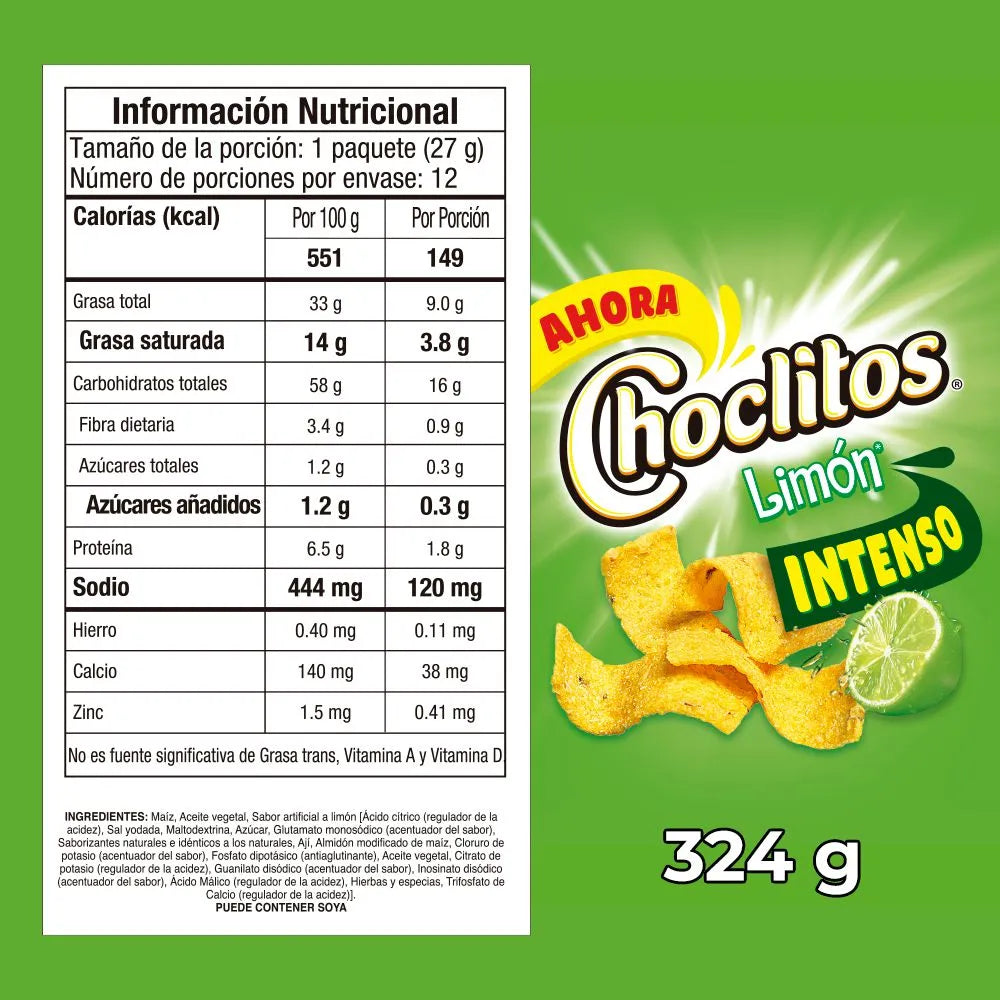 Pasabocas CHOCLITOS Limón x12und 27gr (324 gr)