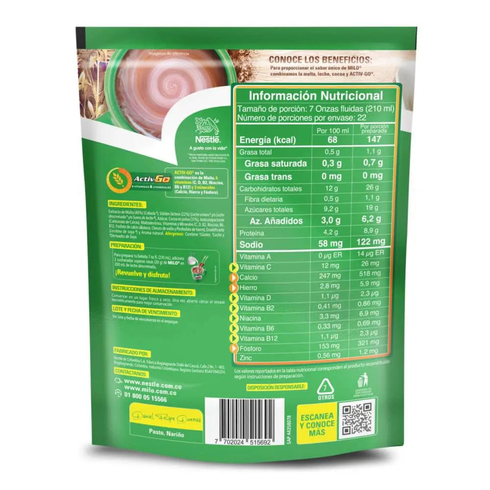 Bebida achocolatada con malta MILO econopack (440 gr)